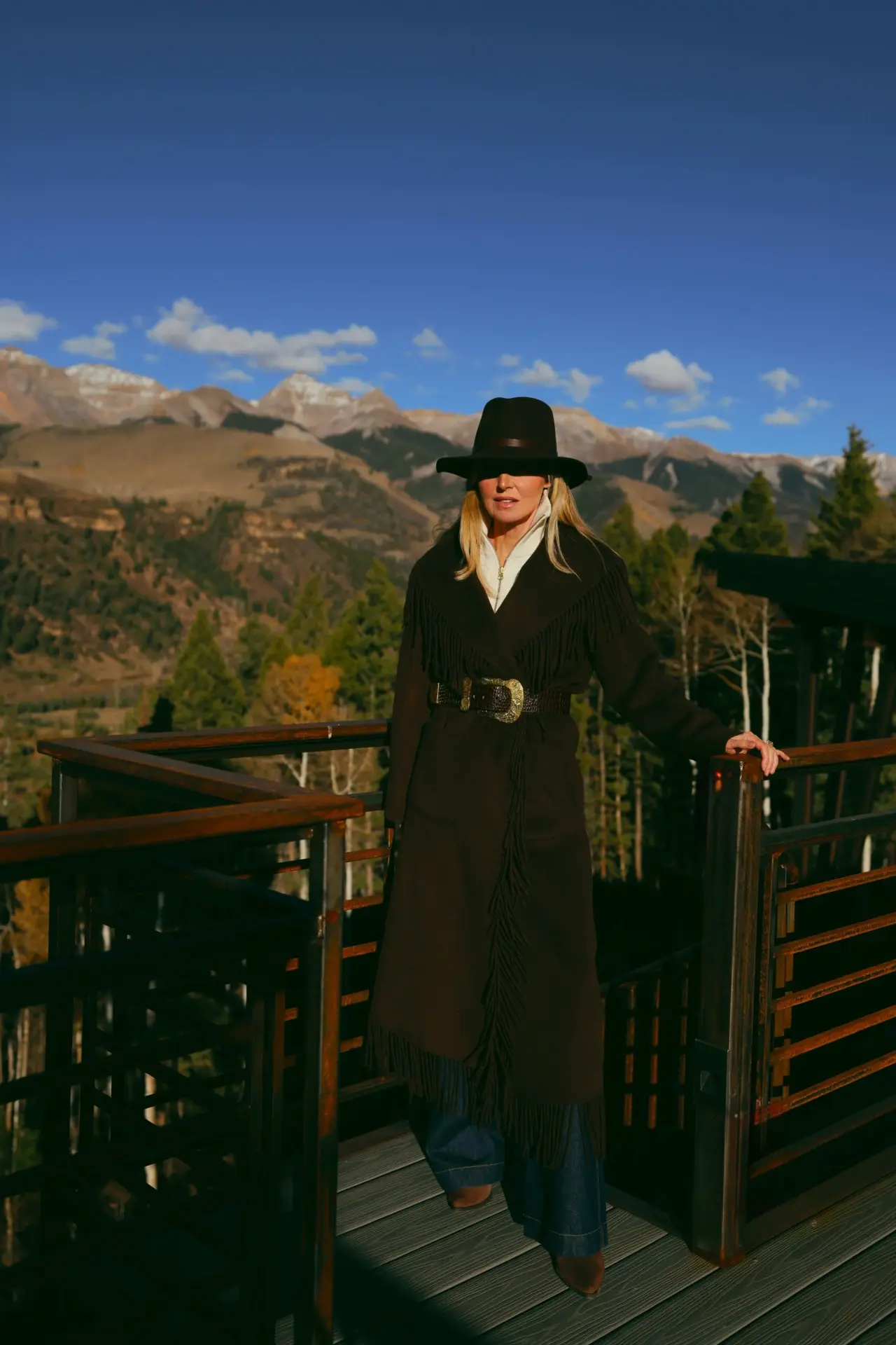 Jonathan-Simkhai-brown-wool-fringe-wrap-coat-with-LAgence-brown-and-gold-western-belt-with-aritzia-brown-hats-1