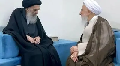 دیدار و گفت‌وگو آیت‌الله جوادی آملی با آیت‌الله سیستانی در نجف اشرف