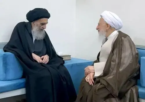 دیدار و گفت‌وگو آیت‌الله جوادی آملی با آیت‌الله سیستانی در نجف اشرف