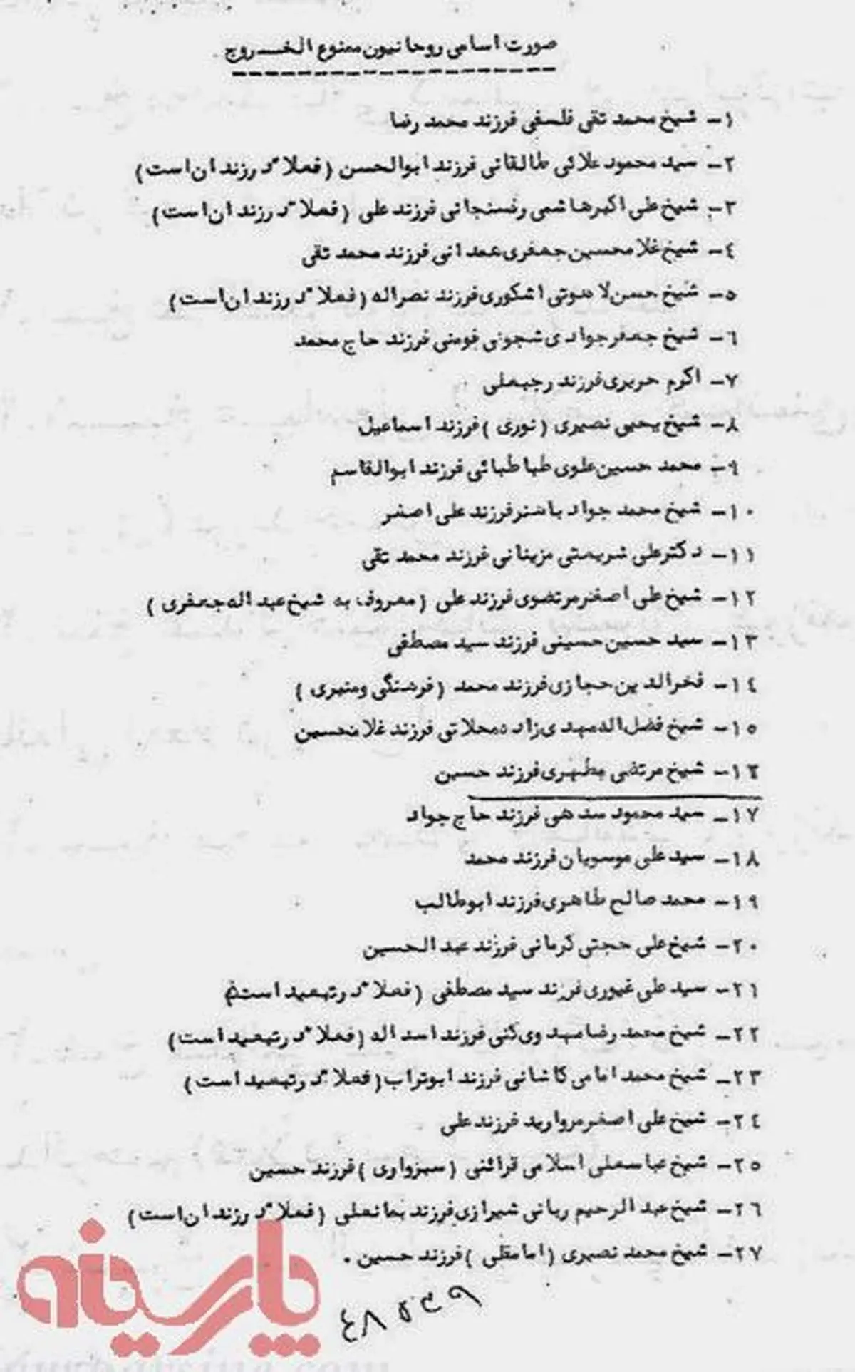 عکس: لیست روحانیون ممنوع الخروج در دوره پهلوی به روایت اسناد ساواک