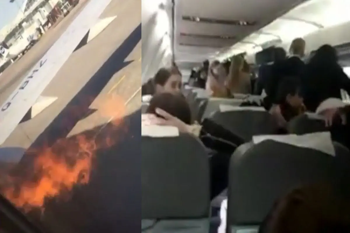 فرار مسافران از درب اضطراری پس از آتش گرفتن موتور هواپیما