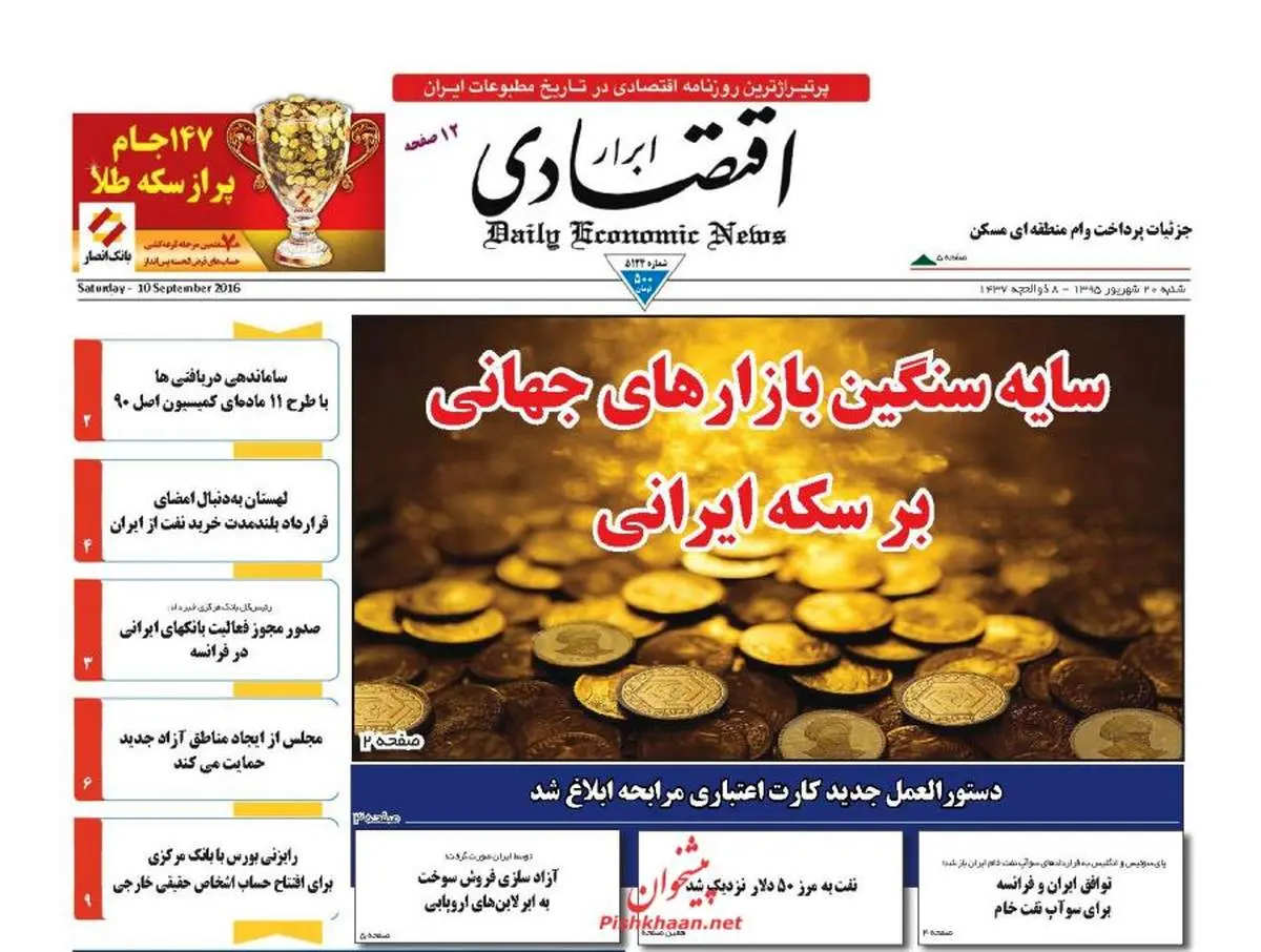 صفحه نخست روزنامه‌های اقتصادی ۲۰ شهریور ۹۵
