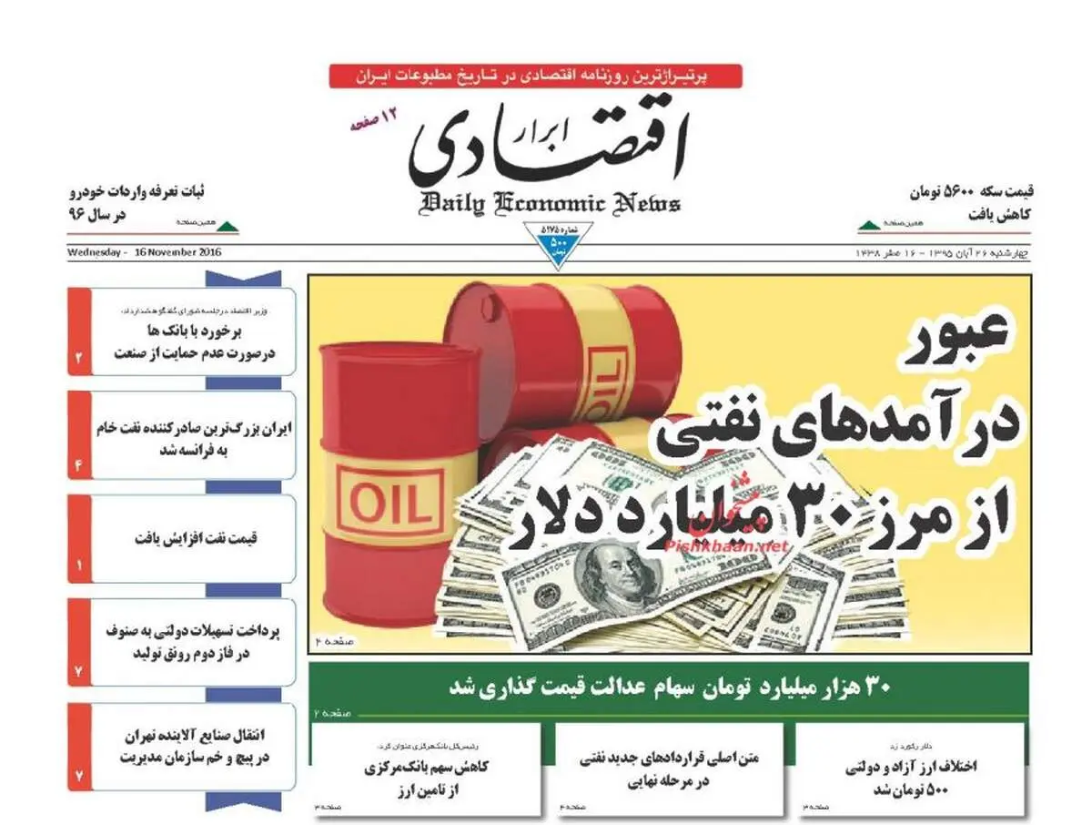 صفحه نخست روزنامه‌های اقتصادی۲۶ آبان ۹۵