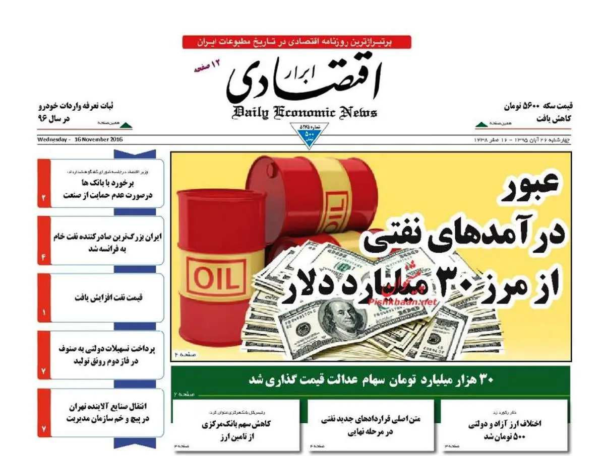 صفحه نخست روزنامه‌های اقتصادی۲۶ آبان ۹۵