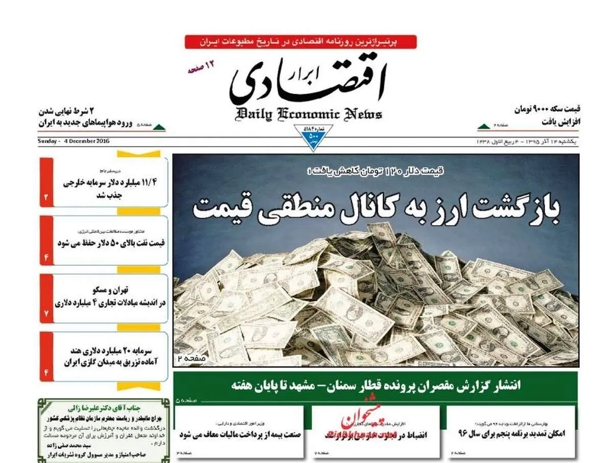 صفحه نخست روزنامه‌های اقتصادی۱۴ آذر ۹۵