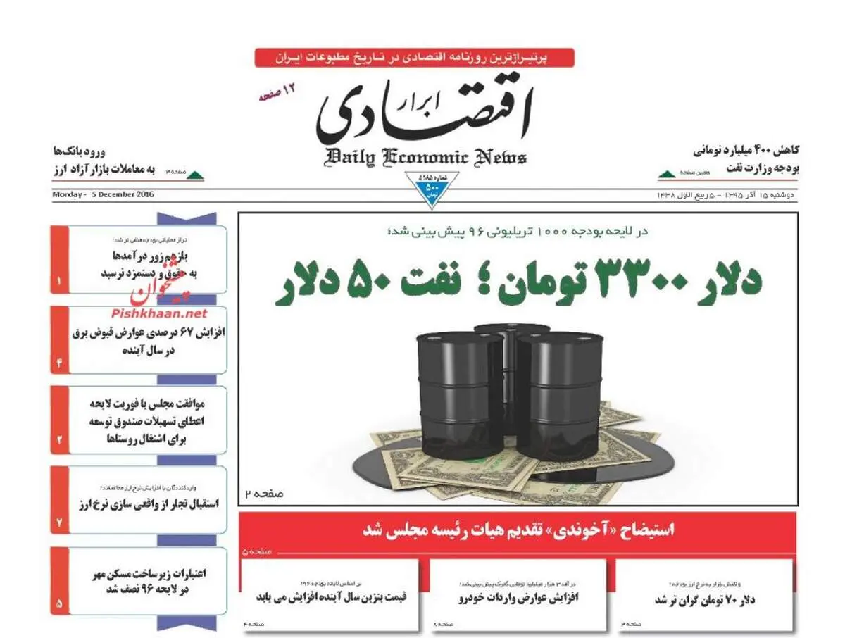 صفحه نخست روزنامه‌های اقتصادی۱۵ آذر ۹۵