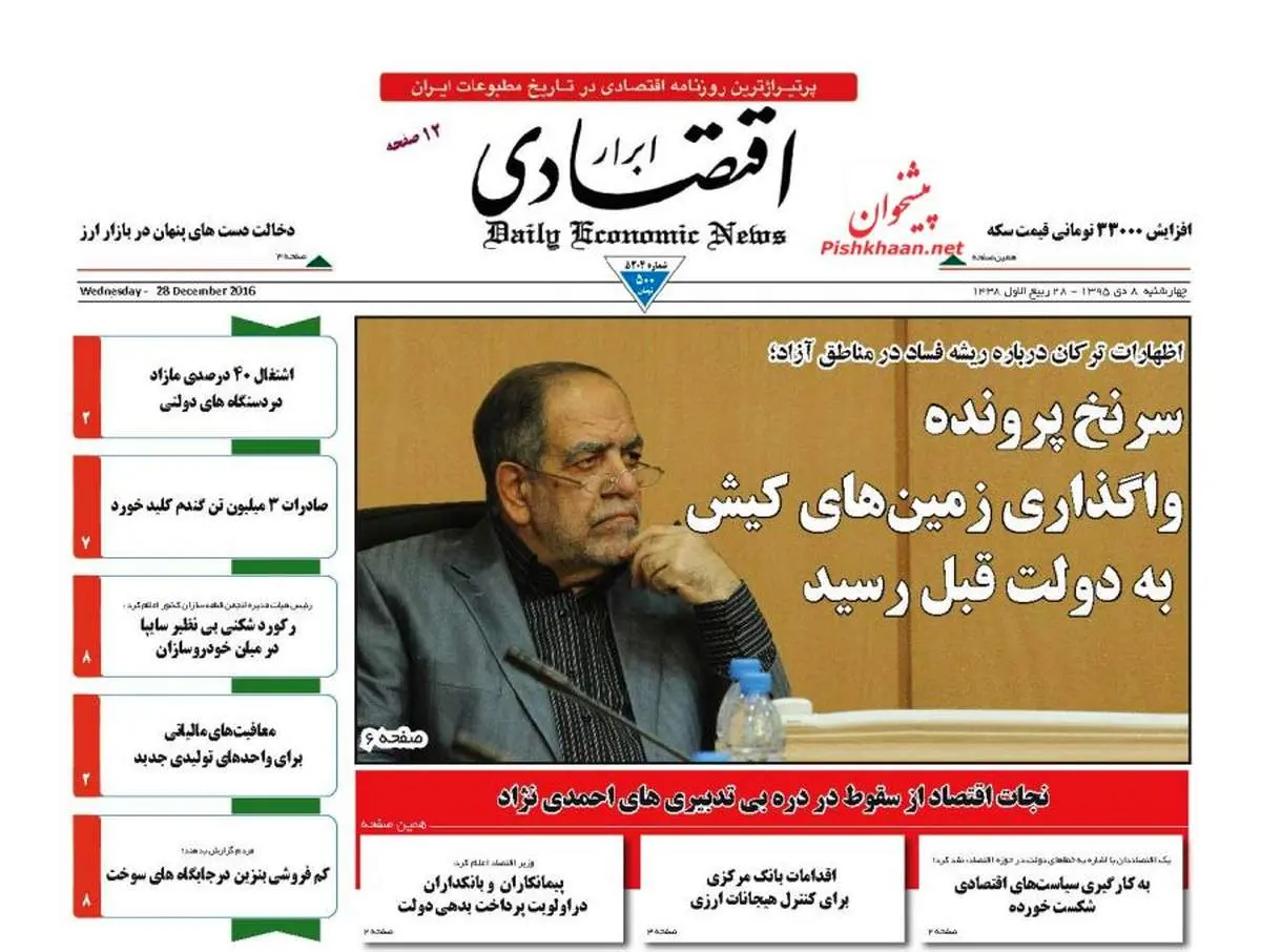 صفحه نخست روزنامه‌های اقتصادی۸دی ۹۵