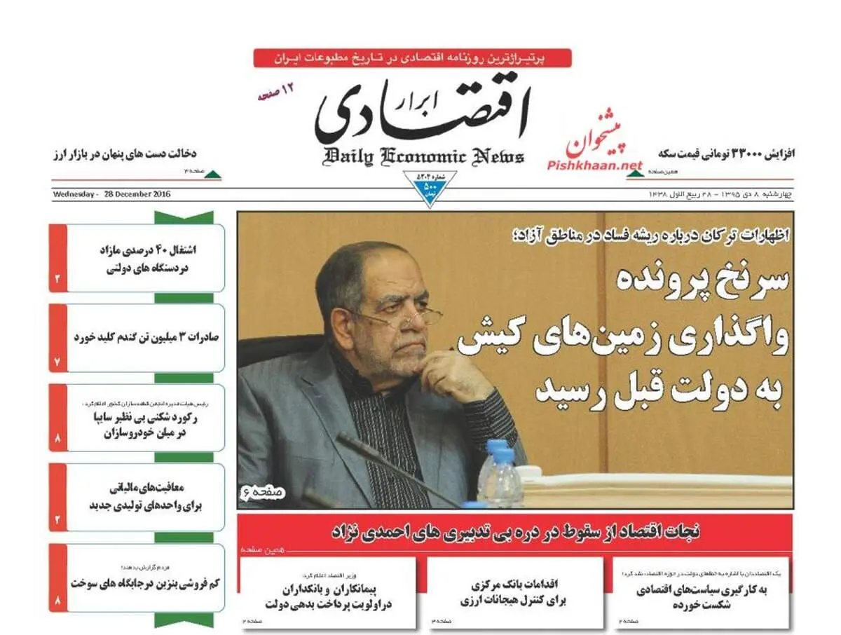 صفحه نخست روزنامه‌های اقتصادی۸دی ۹۵