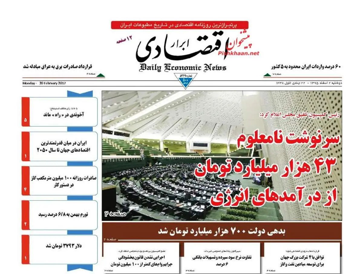 صفحه نخست روزنامه‌های اقتصادی ۲ اسفند ۹۵