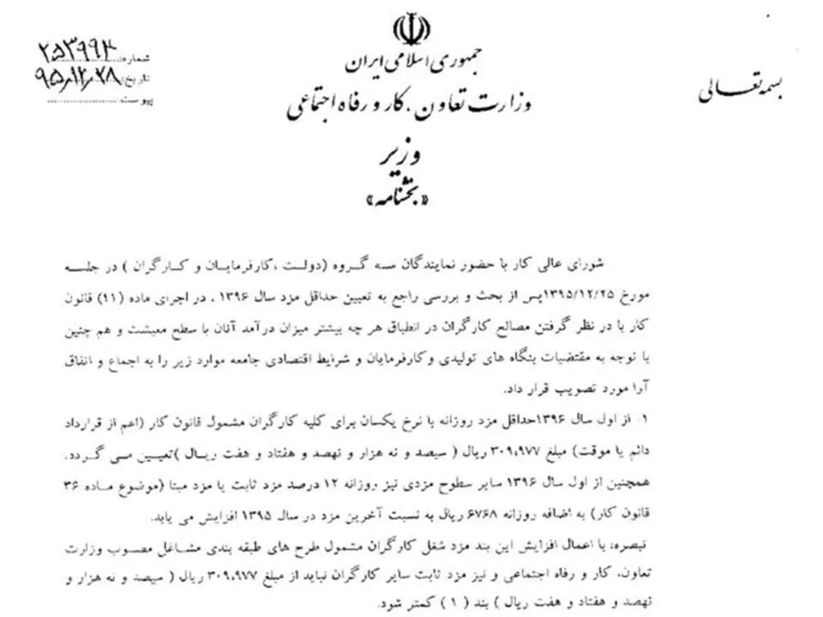 بخشنامه حداقل مزد سال ۹۶