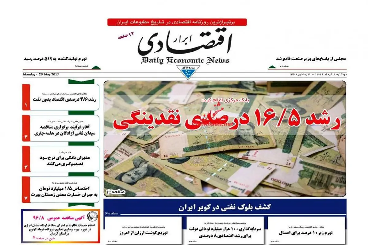 صفحه نخست روزنامه‌های اقتصادی ۸ خرداد ۹۶