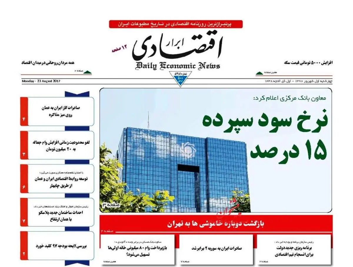 صفحه نخست روزنامه‌های اقتصادی ۱ شهریور ۹۶