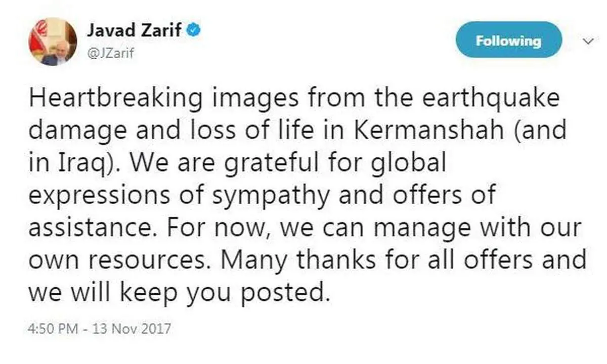 توانایی مدیریت بحران زلزله را با منابع داخلی داریم/ از پیشنهاد کمک‌های بین‌المللی متشکرم