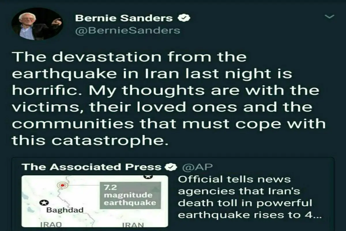 توییت برنی سندرز برای زلزله کرمانشاه