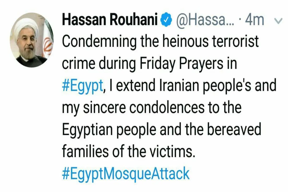 واکنش روحانی به حمله تروریستی به نمازگزاران در مصر