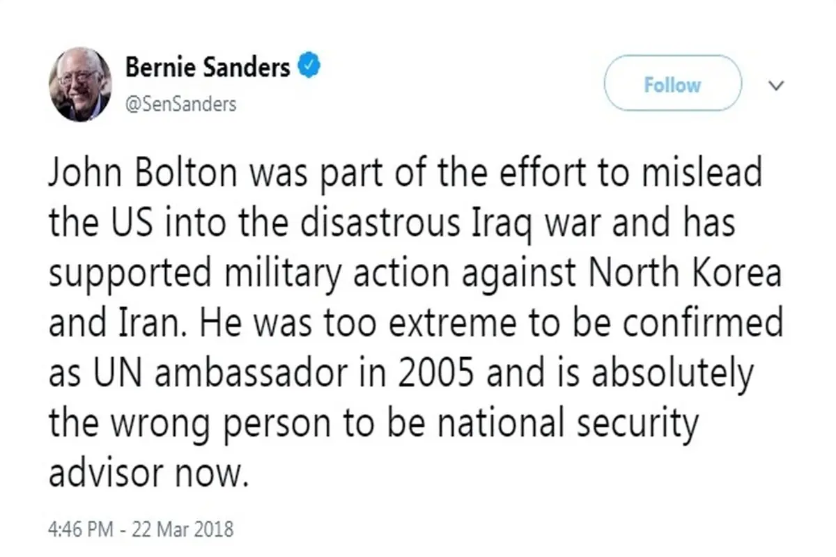 واکنش توئیتری سندرز به انتخاب بولتون