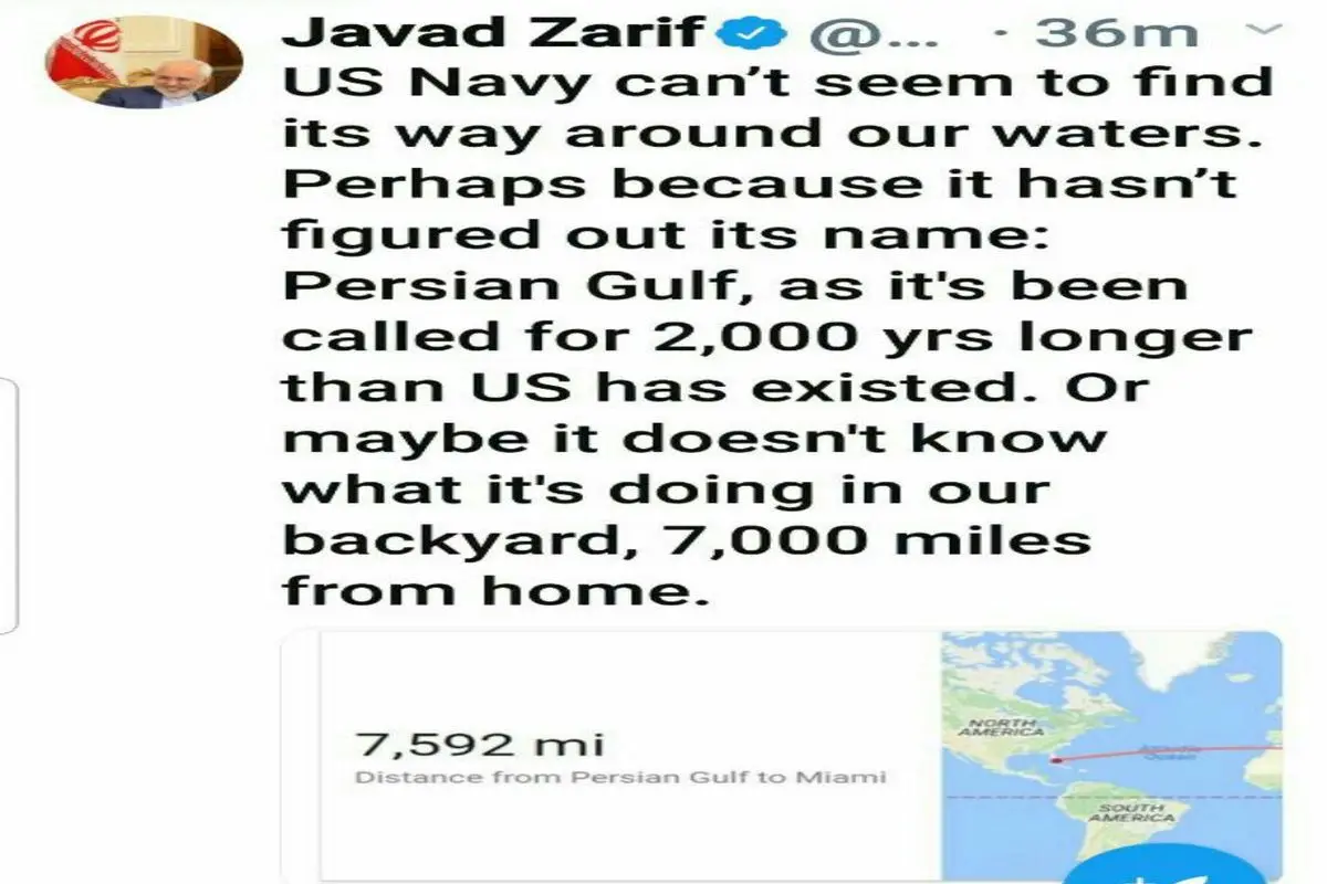 توئیت ظریف درباره حضور آمریکا در آب‌های خلیح فارس