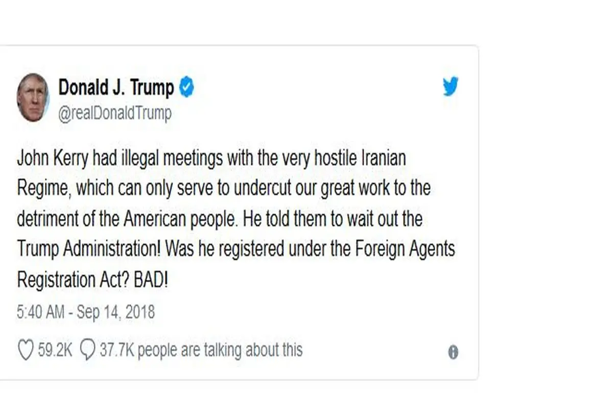 حمله ترامپ به جان کری درباره ملاقاتهای غیرقانونی با ظریف!