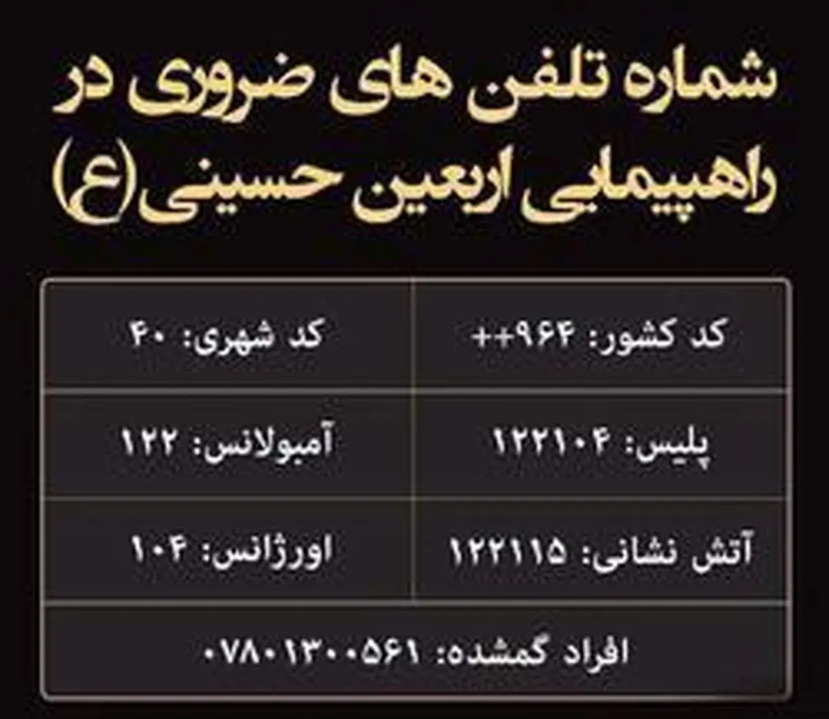 اعلام شماره تلفن‌های ضروری پیاده‌روی اربعین