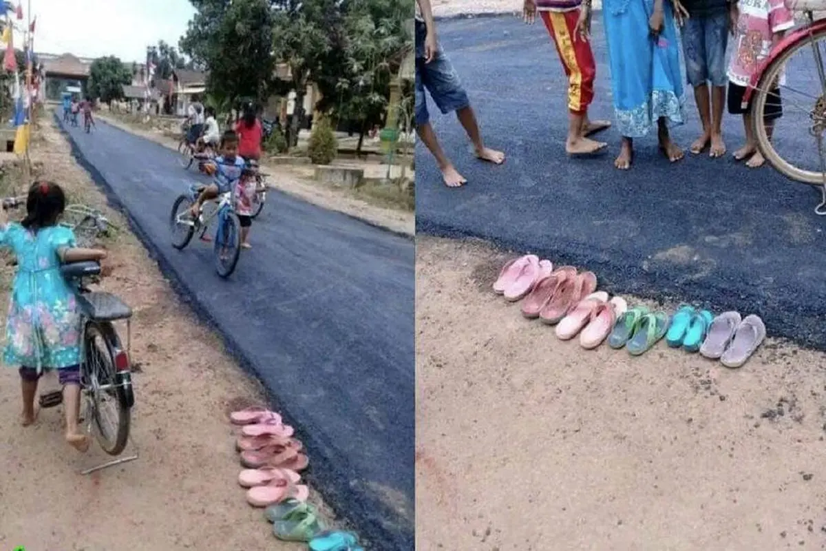 واکنش عجیب کودکان روستایی به آسفالت شدن جاده+عکس