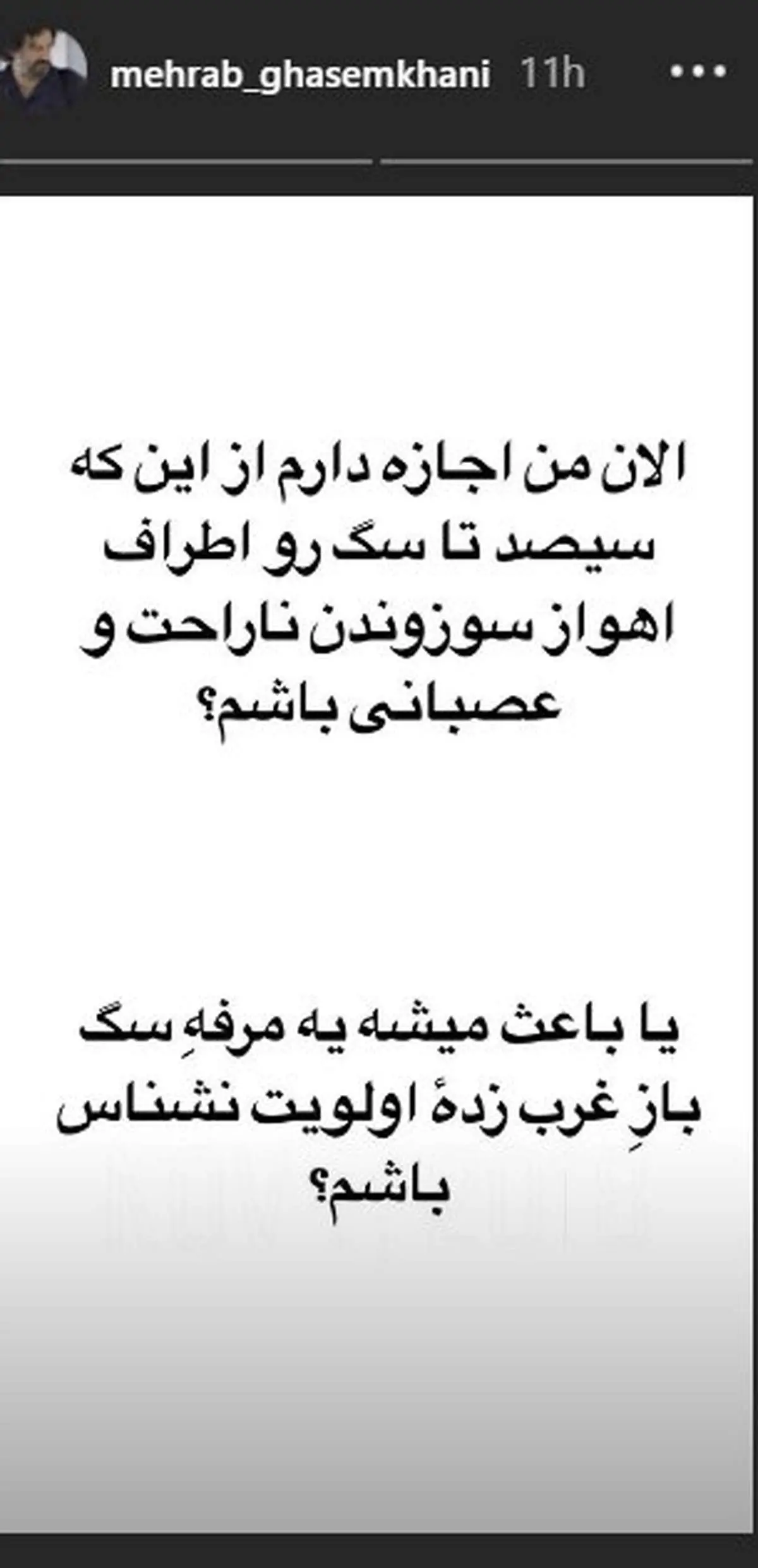 واکنش مهراب قاسم‌خانی به سوزاندن سگ‌ها +عکس