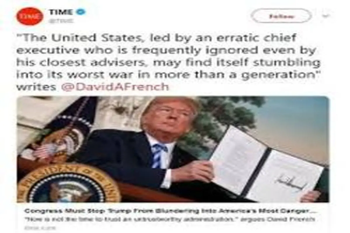 تایم: کنگره مانع از اشتباه ترامپ برای جنگ با ایران شود