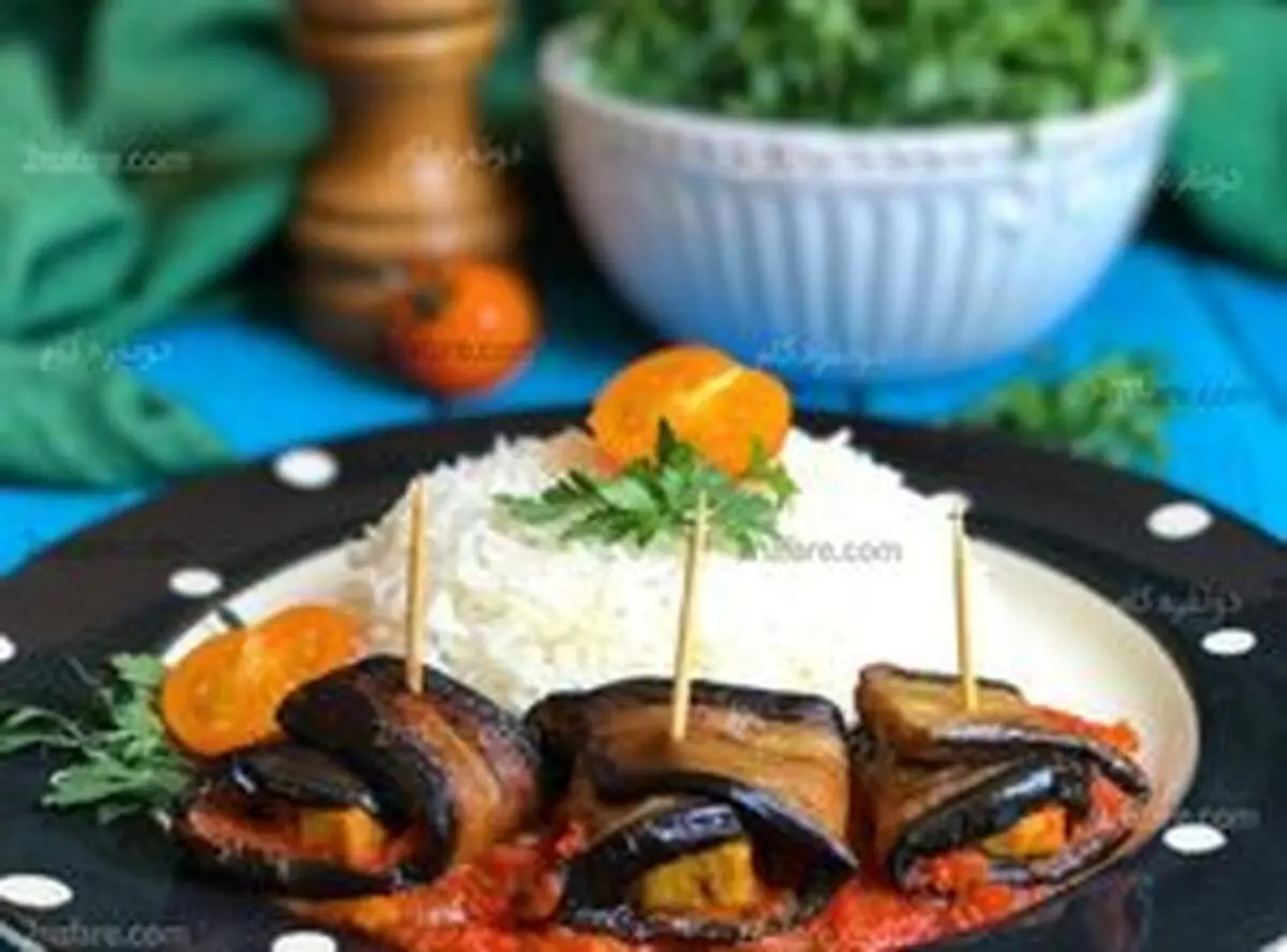 خورشت مرغ و بادمجان رولی مرحله به مرحله