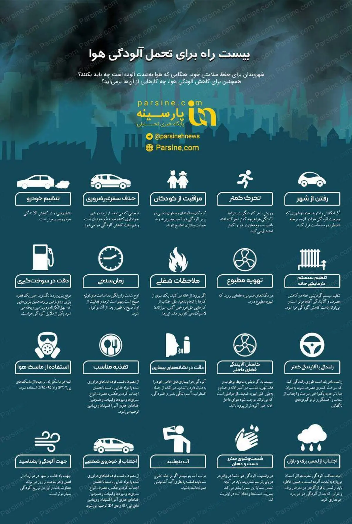 اینفوگرافی/۲۰ راه برای تحمل آلودگی هوا