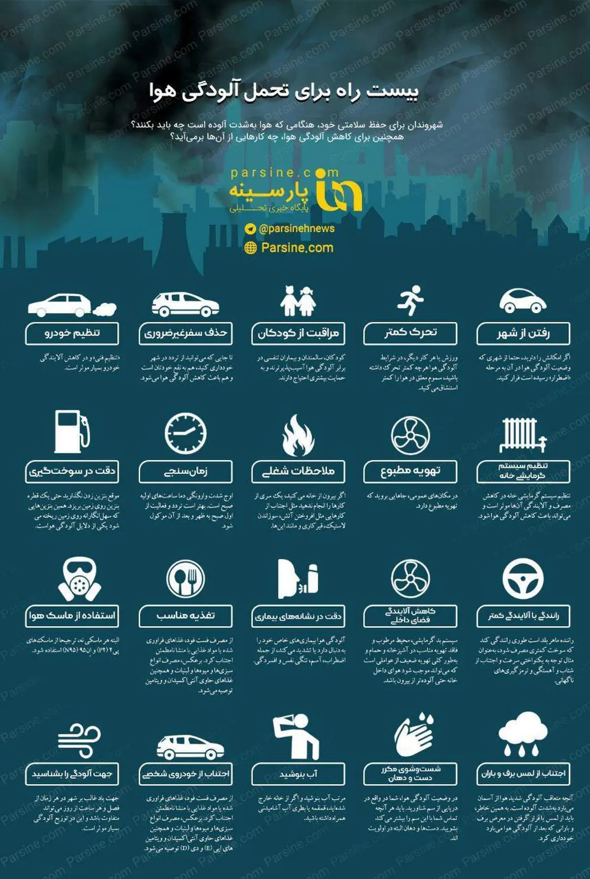 اینفوگرافی/۲۰ راه برای تحمل آلودگی هوا