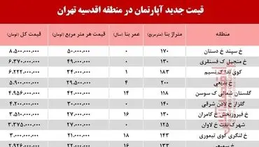 مظنه آپارتمان در منطقه اقدسیه و  شاه نظری میرداماد + جدول