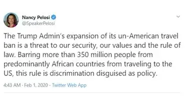 نانسی پلوسی: ممنوعیت سفر به آمریکا سیاست تبعیض پنهان ترامپ است