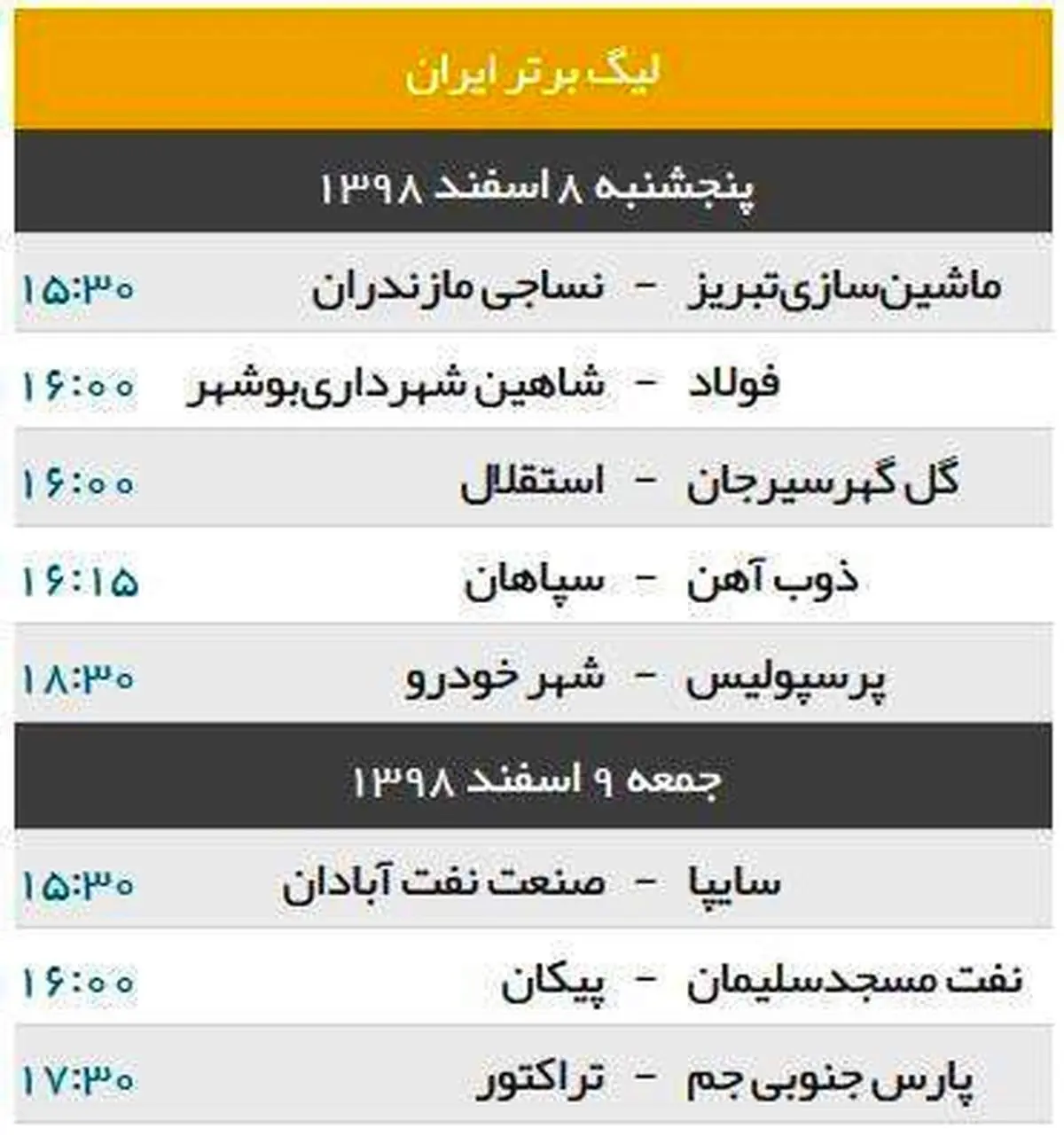 برنامه هفته بیست و یکم لیگ برتر +جدول