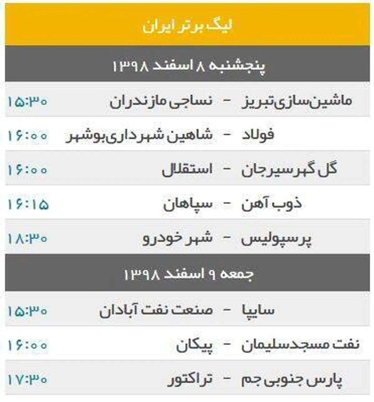 برنامه هفته بیست و یکم لیگ برتر +جدول