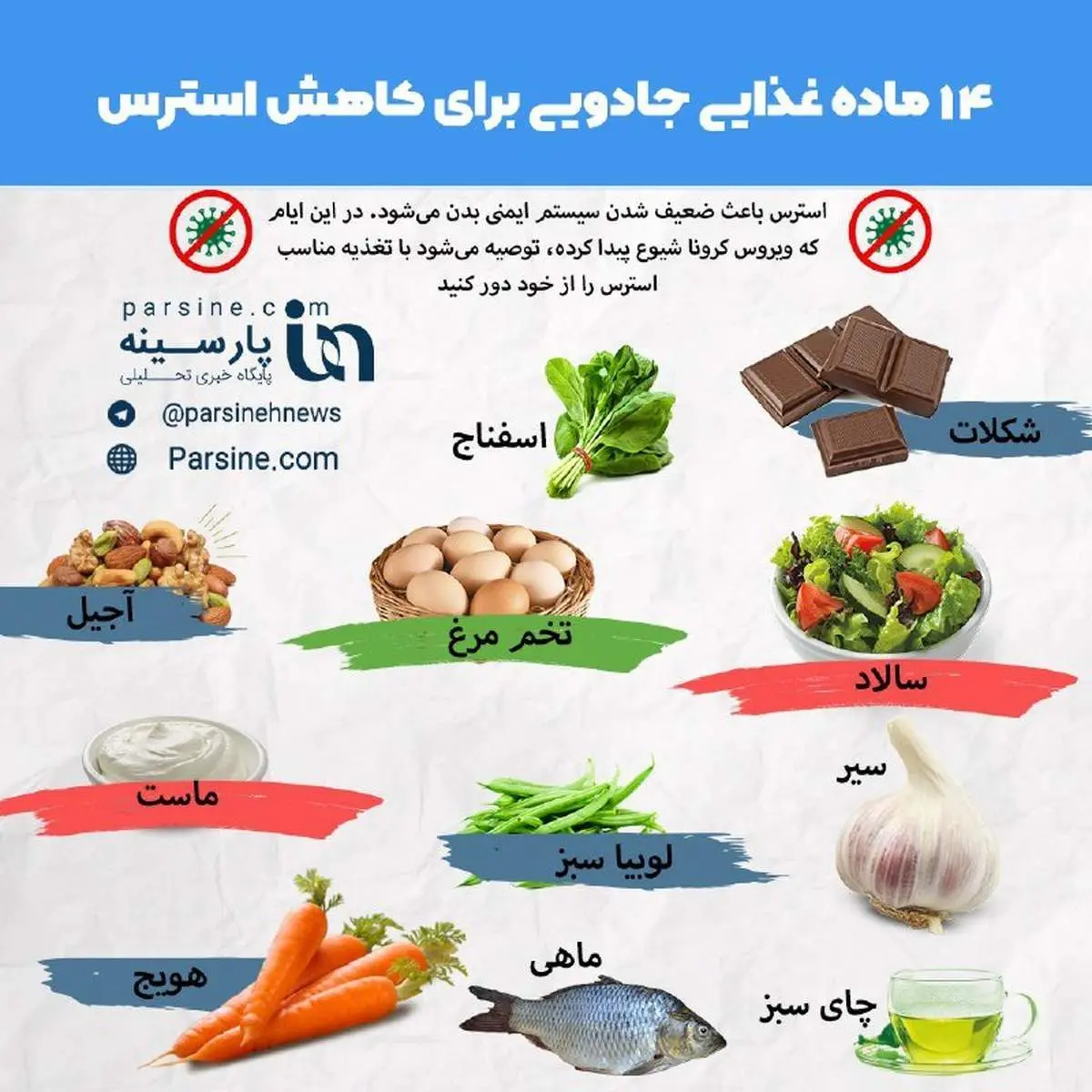 اینفوگرافی| ۱۴ ماده غذایی جادویی برای کاهش استرس