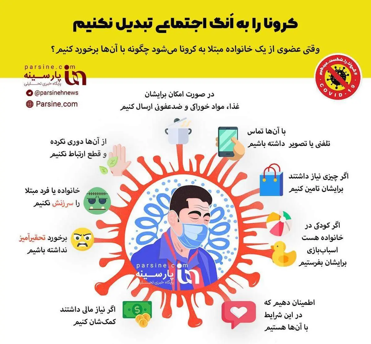 اینفوگرافی| وقتی عضوی از یک خانواده به کرونا مبتلا می شود چگونه با آن ها برخورد کنیم؟