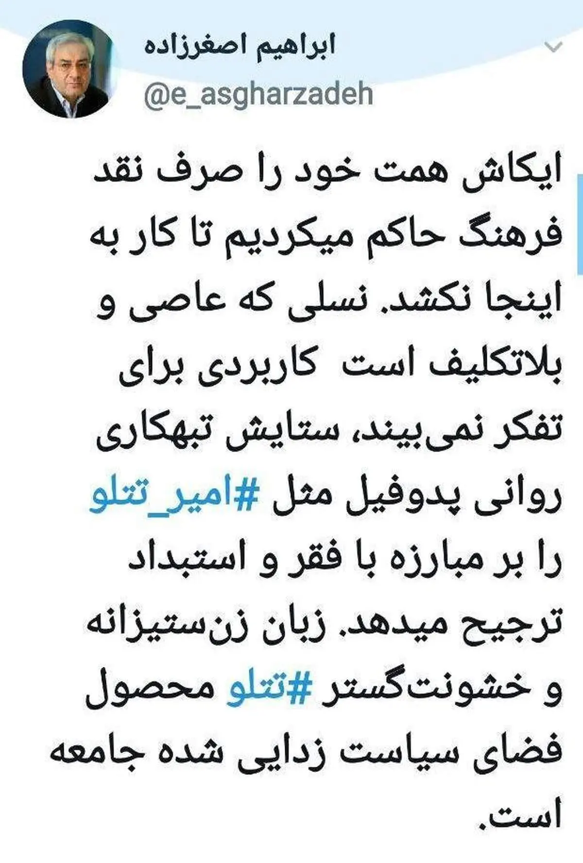 انتقاد تند یک اصلاح طلب از ستایش یک تبهکار روانی به نام امیر تتلو