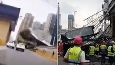 لحظه هولناک سقوط جرثقیل غول پیکر در اتوبان+فیلم