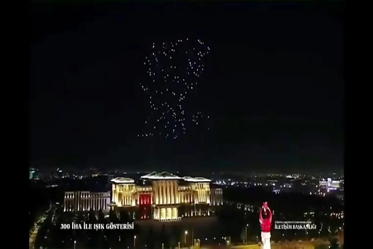 تشکیل عکس آتاتورک در جبهه جنگ توسط پهپادهای نمایشی ساخت ترکیه بالای کاخ اردوغان + فیلم