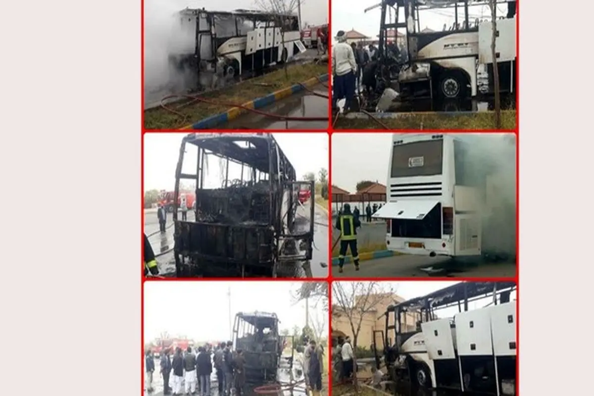 آتش سوزی وحشتناک اتوبوس مسافربری در جاده یزد + عکس