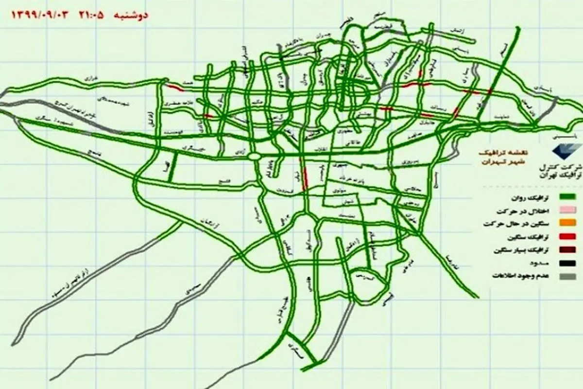 نقشه ترافیک تهران در آغاز سومین شب محدودیت‌ها+ عکس