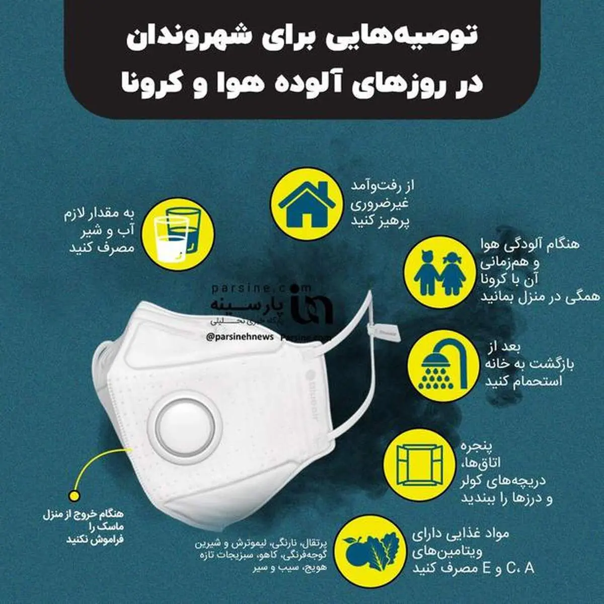 توصیه‌هایی برای شهروندان در روز‌های آلوده هوا و کرونا+اینفوگرافی