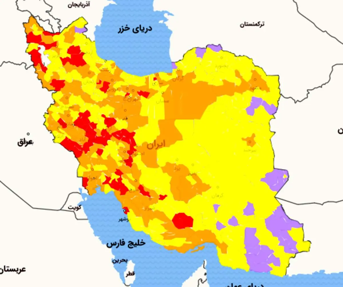 آخرین وضعیت رنگبندی شهرستان‌ها؛ افزایش شهر‌های قرمز و نارنجی+عکس