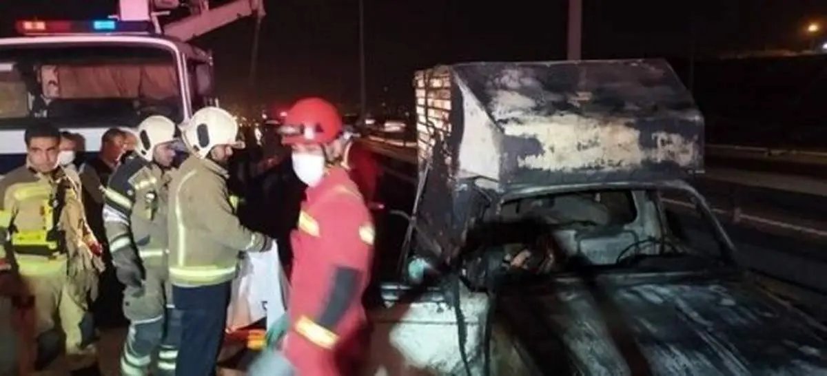 مرگ تلخ زن جوان و کودک ۳ ساله میان شعله‌های آتش پیکان‌وانت + تصاویر