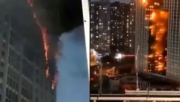 آتش‌سوزی هولناک در یک برج مسکونی در دالیان چین + فیلم