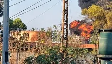 آتش سوزی بزرگ در نزدیکی تاسیسات نفتی در جنوب لبنان + فیلم
