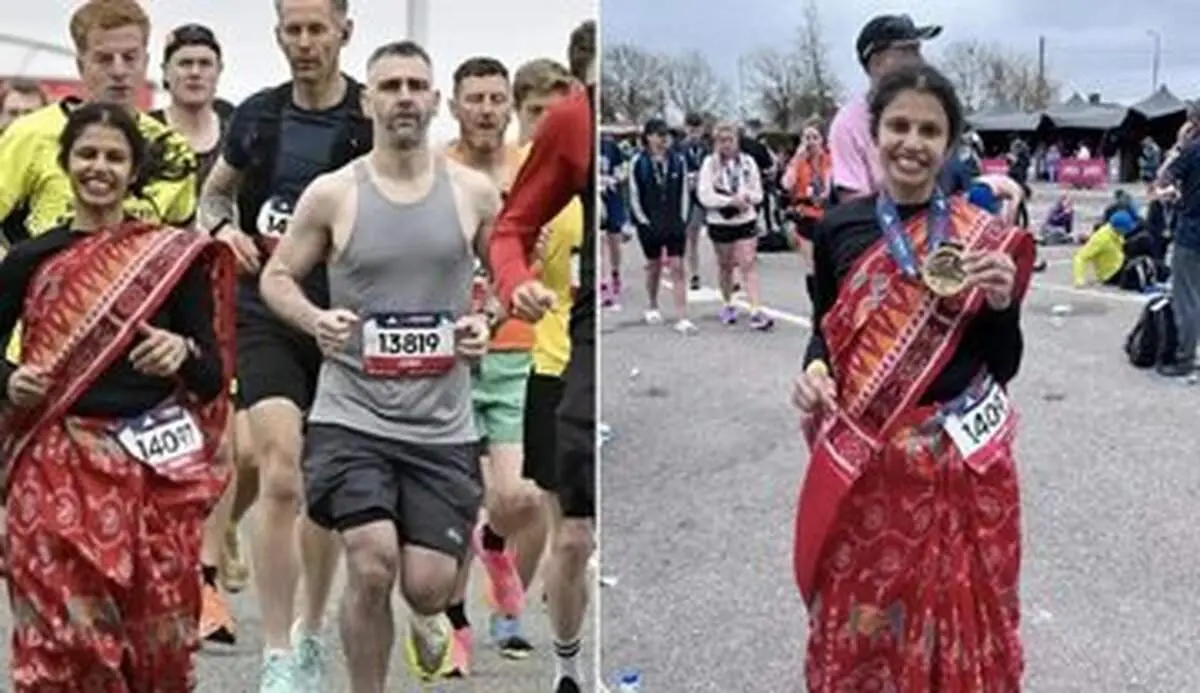 حضور یک زن در دوی ماراتون با لباس سنتی هندی+ عکس