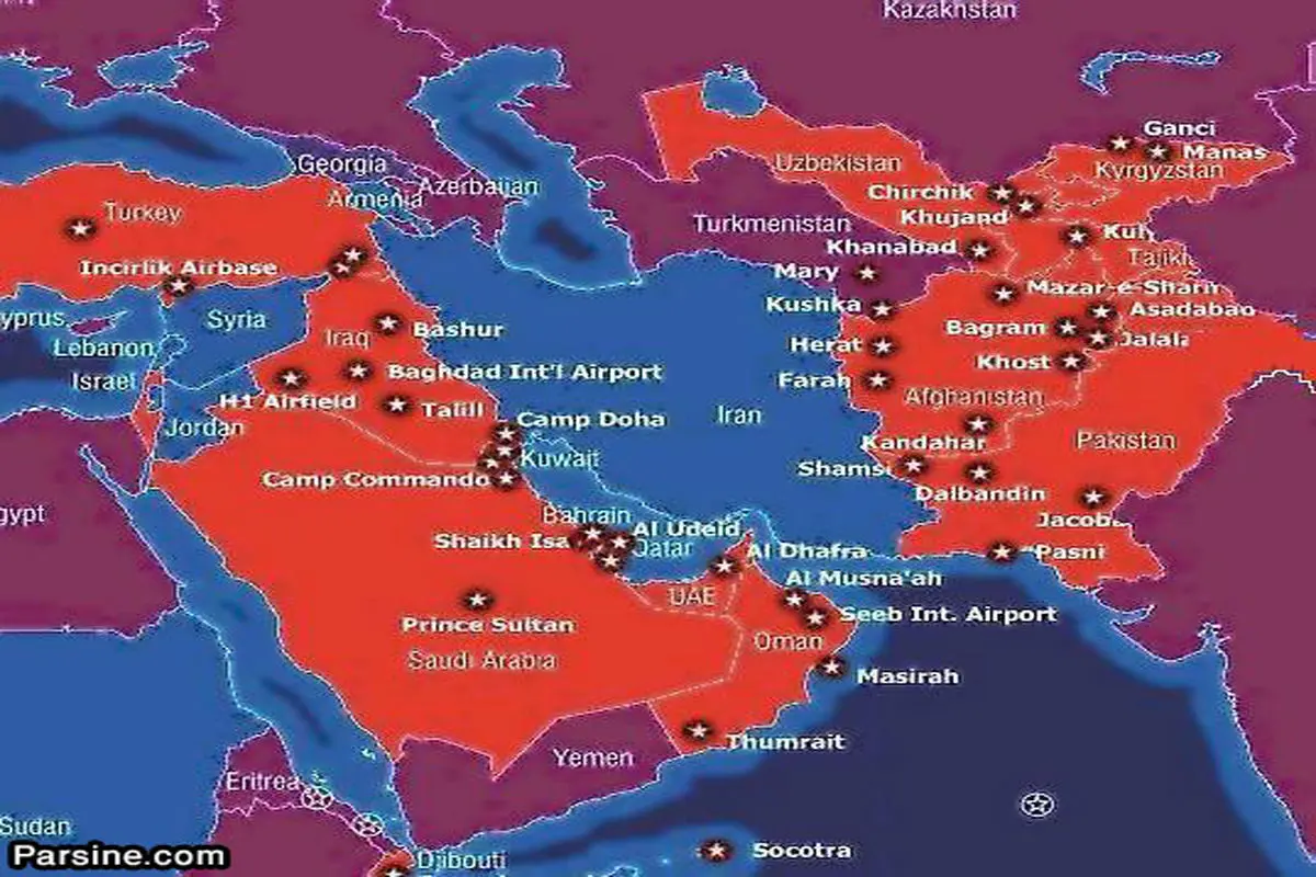 عکس: نقشه پایگاه‌های نظامی آمریکا در اطراف ایران
