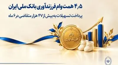 ۴.۵ همت وام فرزندآوری بانک ملی ایران؛ پرداخت تسهیلات به بیش از ۴۷ هزار متقاضی در ۶ ماه

