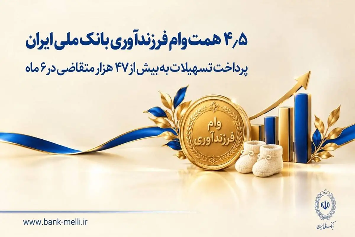 ۴.۵ همت وام فرزندآوری بانک ملی ایران؛ پرداخت تسهیلات به بیش از ۴۷ هزار متقاضی در ۶ ماه

